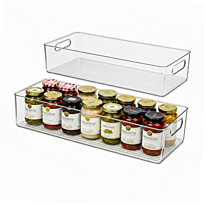 Plastic Food Storage 2 Pack Clear Container Bin with Handles for Organizing Kitchen, Pantry, Fridge, Freezer, Pantry, Bathroom. 14"x6"5"