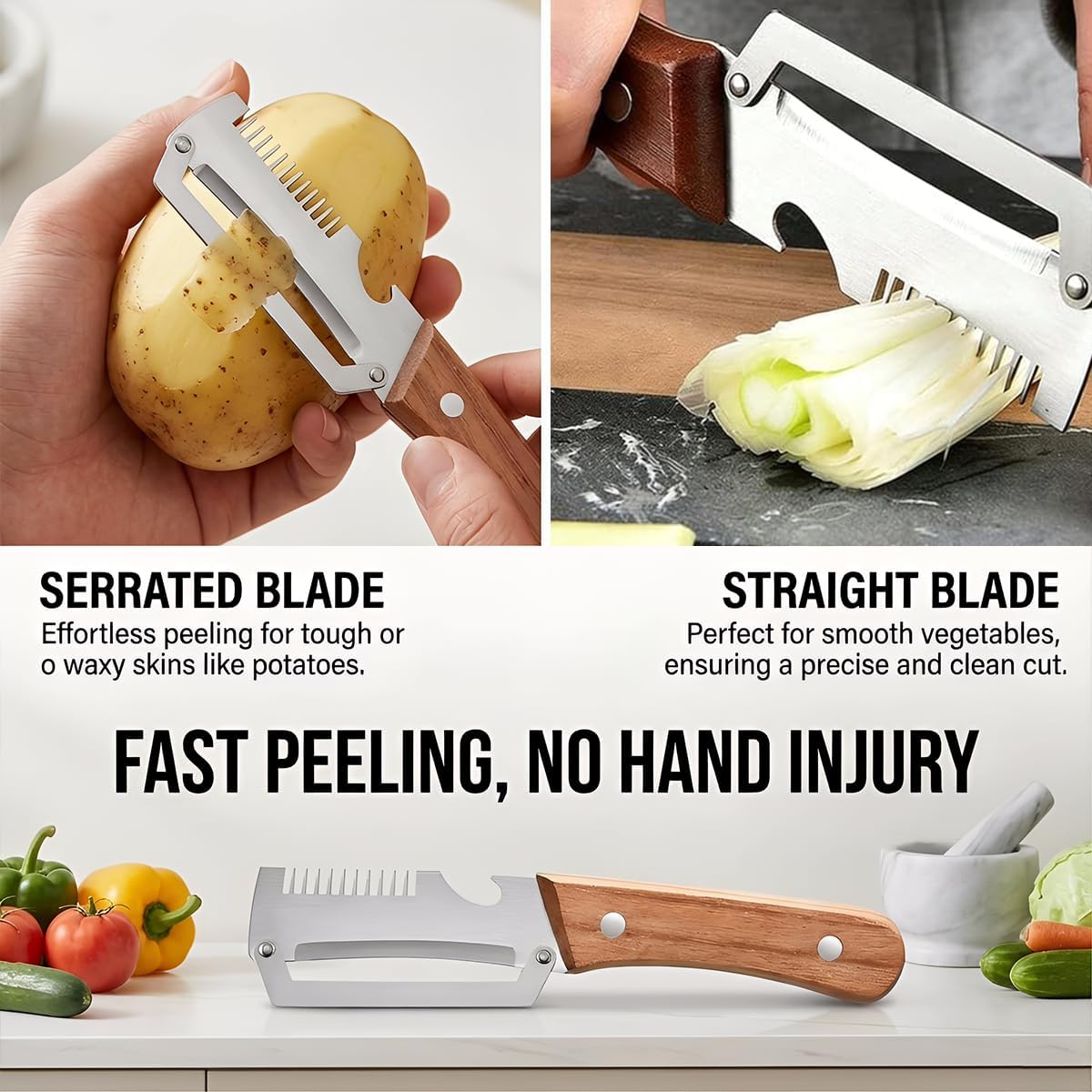 Multi-Functional Vegetable Peeler, 3 in 1 Multi Functional Wooden Handle Peeler and Bottle Opener, Kitchen Gadgets Tool for Fruit Pumpkin Peeling Potato Carrot Veggie Peeler (2-Pack)