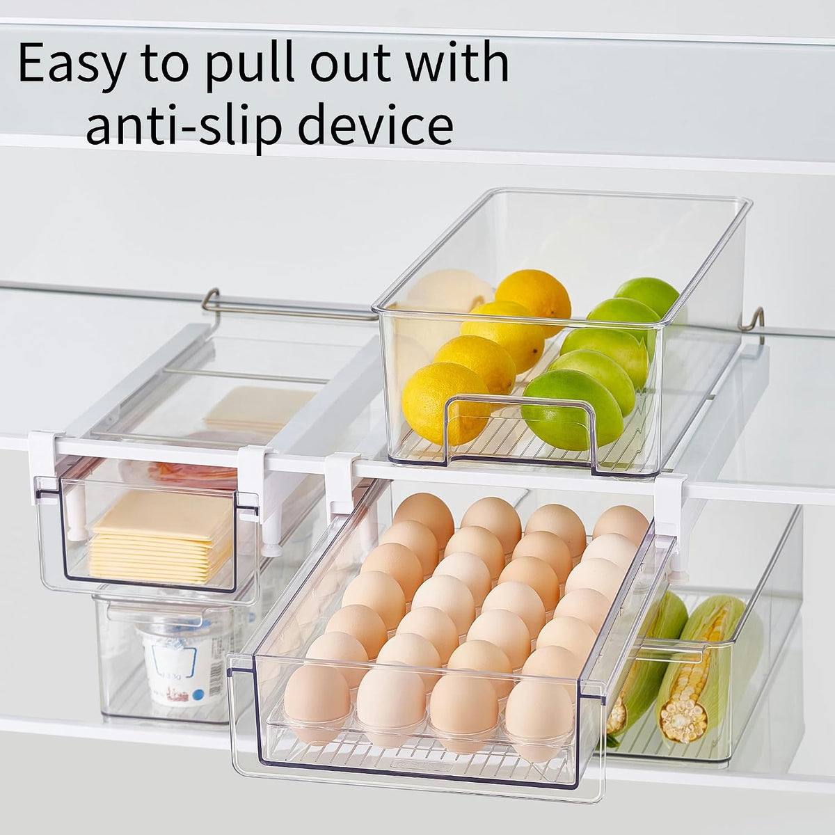 vacane Upgraded Refrigerator Drawers Organizer - Pull Out Fridge Bins with Handle, Extra-Long 19.5" Stretchable and Deep Storage