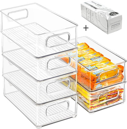 Stackable Refrigerator Organizer Bins, 6 Pack Clear Kitchen Organizer Container Bins with Handles and 20 PCS Plastic Bags for Pantry, Cabinets, Shelves, Drawer, Freezer - Food Safe, BPA Free 10"L