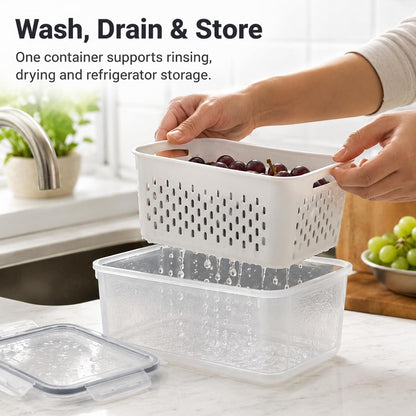 3 Pack Fruit Storage Containers for Fridge with Removable Colander, Grey