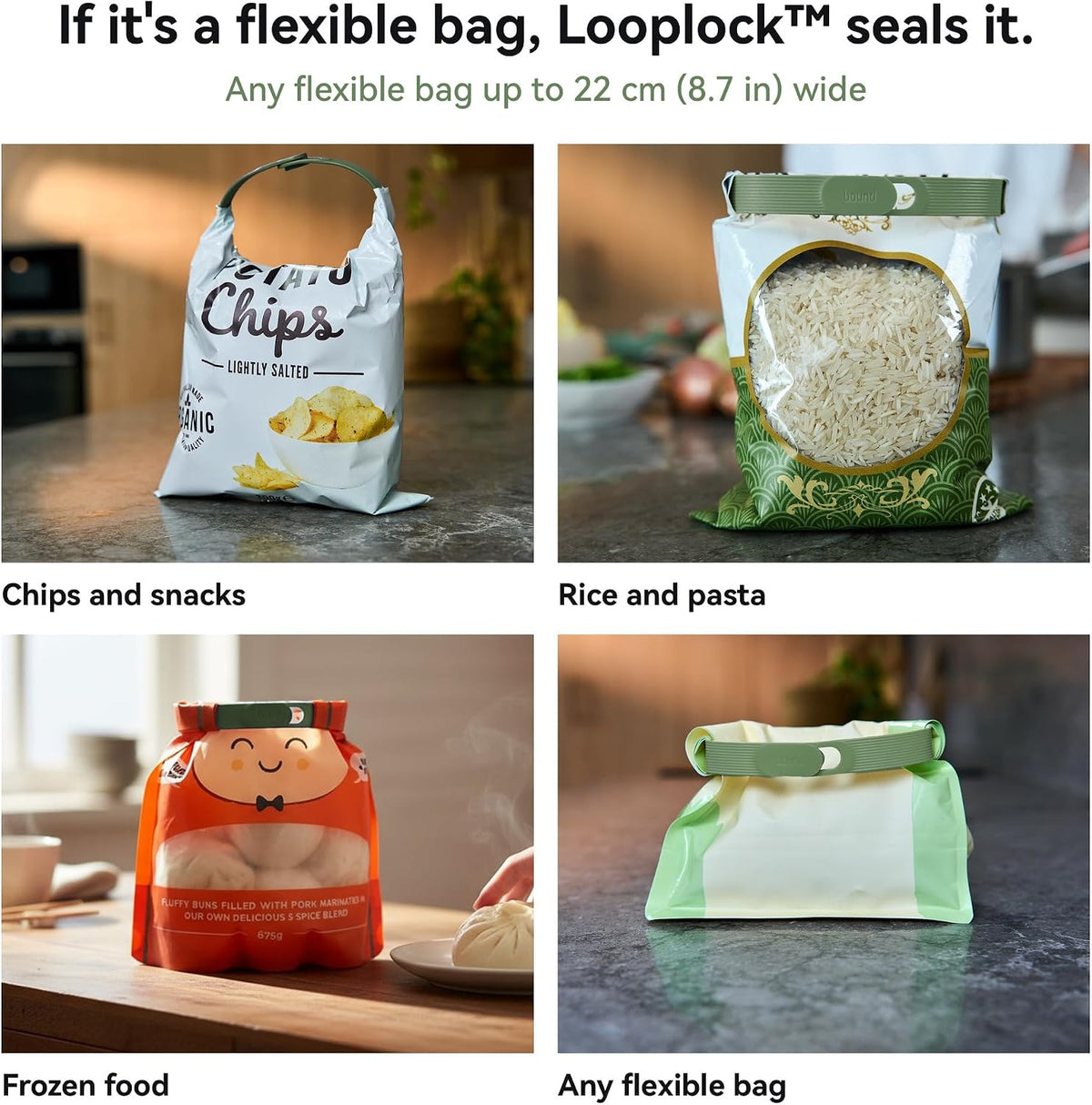 Bound Looplock Reusable Bag Sealer, Roll Top Food Storage Seal, 8 Pack, Kiwi