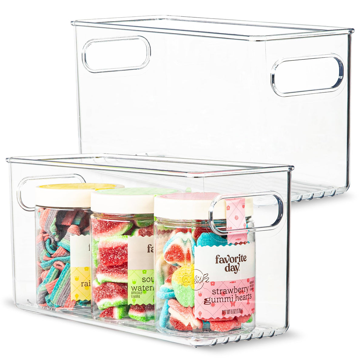 Plastic Food Storage 2 Pack Clear Container Bin with Handles for Organizing Kitchen, Pantry, Fridge, Freezer, Pantry, Bathroom. 14"x6"5"