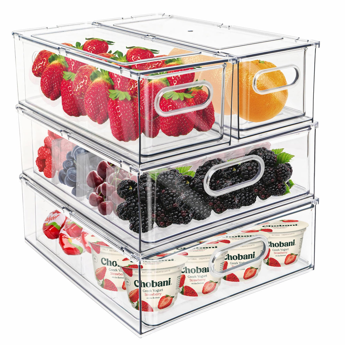 Mano Fridge Drawer Pull Out Stackable Bins with Handle Clear Refrigerator Drawers Organizer Food Storage Container Box Plastic Produce Saver for Pantry, Cabinet, Kitchen, Clothes（4Pack）