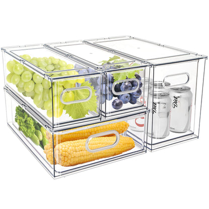 Mano Fridge Drawer Pull Out Stackable Bins with Handle Clear Refrigerator Drawers Organizer Food Storage Container Box Plastic Produce Saver for Pantry, Cabinet, Kitchen, Clothes（4Pack）
