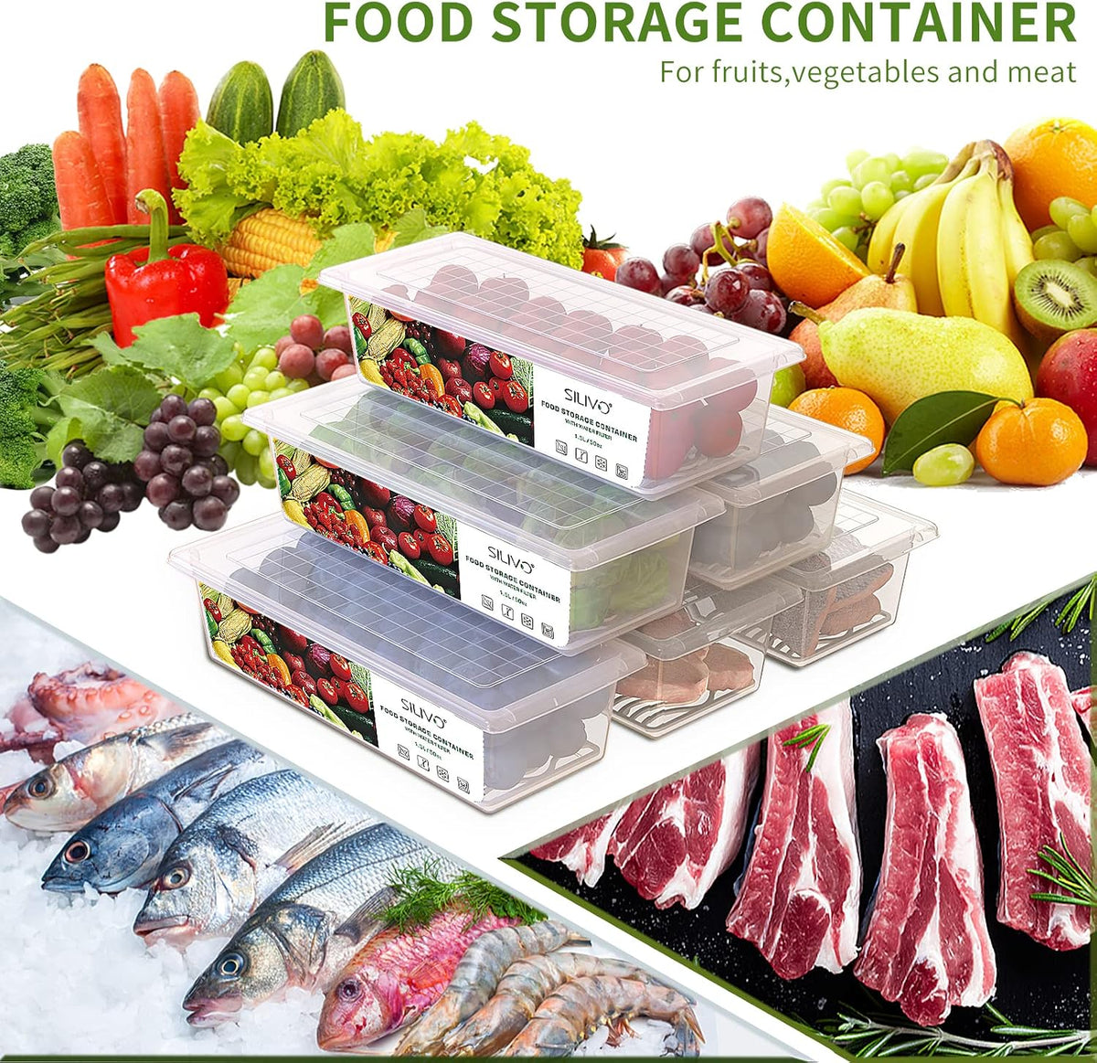 6 Pack 1.5L Fruit Storage Containers for Fridge with Removable Drain Tray