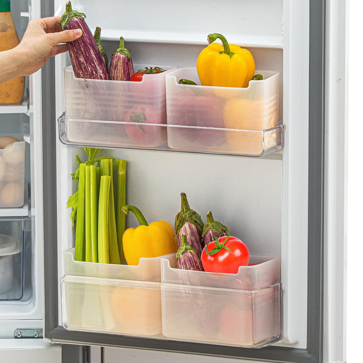Poeland Refrigerator Organizer Box, Fridge Side Door Storage Containers Plastic Translucent Set of 5 (2M+3S)