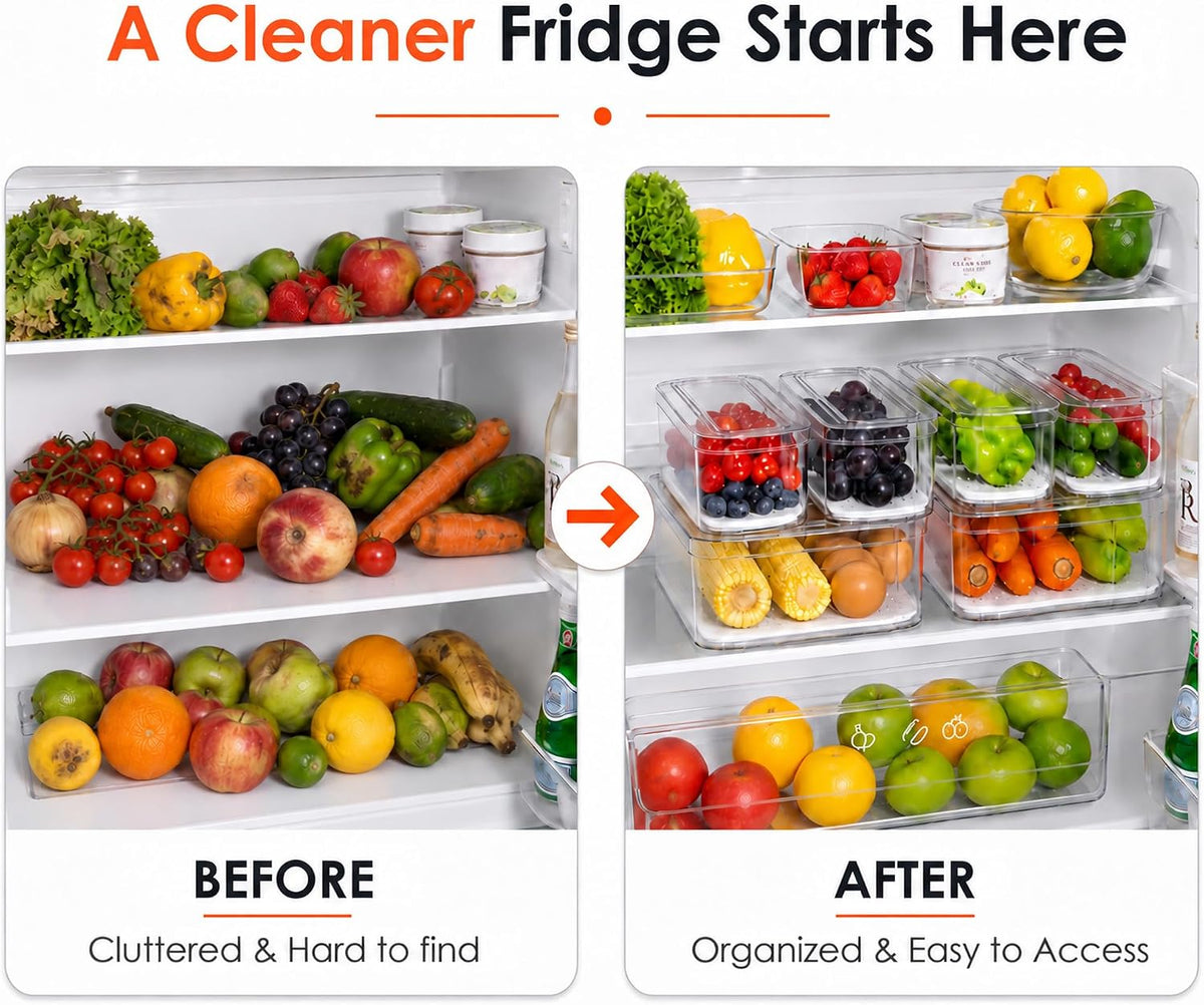 SMRCAD 6 Pack Clear Fridge Organizer Bins with Drain Trays - Stackable