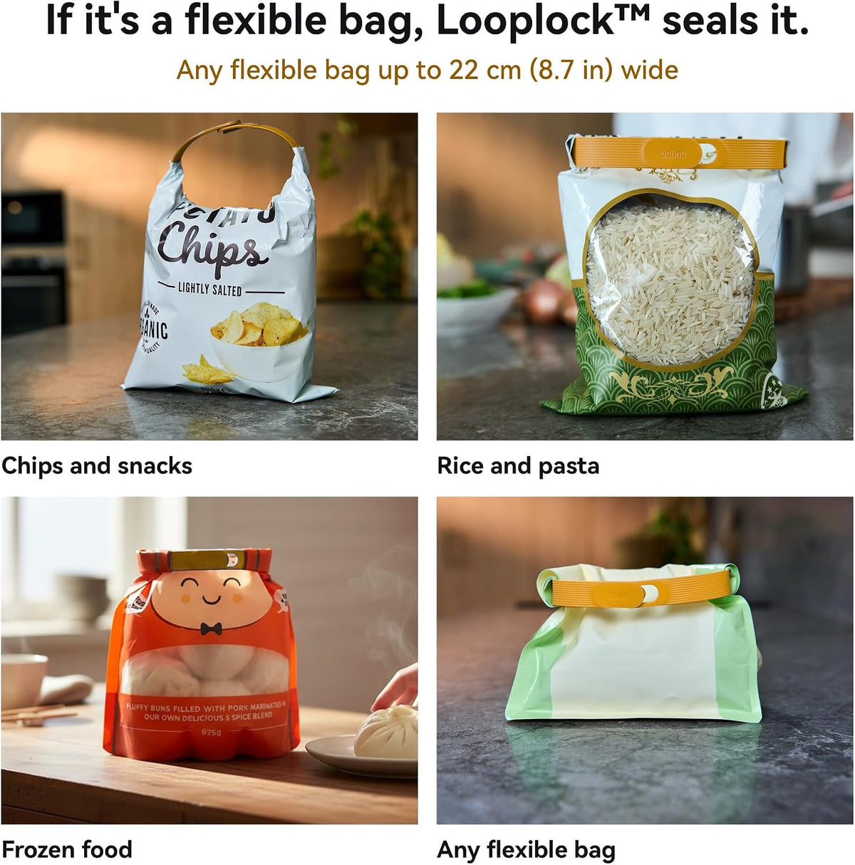 Bound Looplock Reusable Bag Sealer, Roll Top Food Storage Seal, 8 Pack, Mango