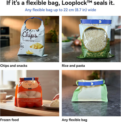 Bound Looplock Reusable Bag Sealer, Roll Top Food Storage Seal, 8 Pack, Blueberry