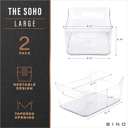 BINO | Plastic Storage Bins, Large - 2 Pack, Clear | THE SOHO COLLECTION | Pantry Organizers and Storage Containers | Fridge Organizer Bins | Kitchen Cabinet Organizer | Medicine Cabinet Bin
