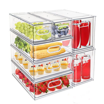Mano Fridge Drawer Pull Out Stackable Bins with Handle Clear Refrigerator Drawers Organizer Food Storage Container Box Plastic Produce Saver for Pantry, Cabinet, Kitchen, Clothes（4Pack）