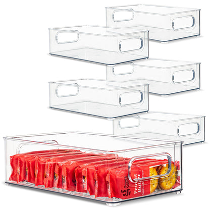 Plastic Food Storage 2 Pack Clear Container Bin with Handles for Organizing Kitchen, Pantry, Fridge, Freezer, Pantry, Bathroom. 14"x6"5"