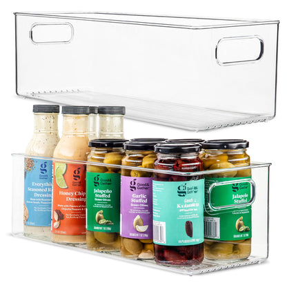Plastic Food Storage 2 Pack Clear Container Bin with Handles for Organizing Kitchen, Pantry, Fridge, Freezer, Pantry, Bathroom. 14"x6"5"