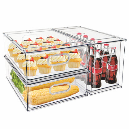 Mano Fridge Drawer Pull Out Stackable Bins with Handle Clear Refrigerator Drawers Organizer Food Storage Container Box Plastic Produce Saver for Pantry, Cabinet, Kitchen, Clothes（4Pack）