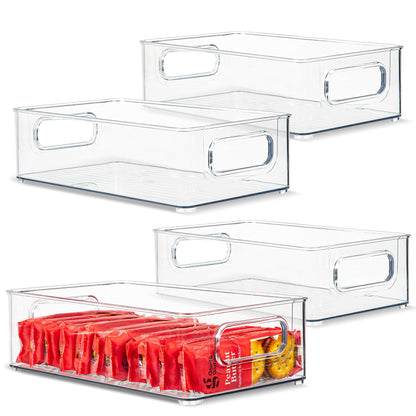 Plastic Food Storage 2 Pack Clear Container Bin with Handles for Organizing Kitchen, Pantry, Fridge, Freezer, Pantry, Bathroom. 14"x6"5"