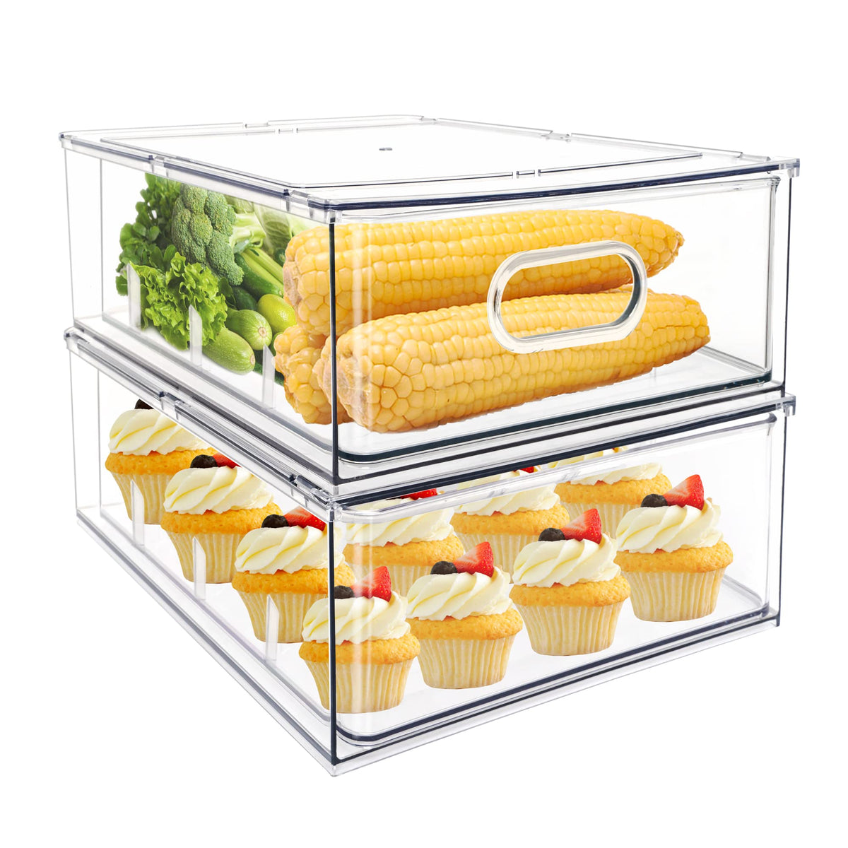 Mano Fridge Drawer Pull Out Stackable Bins with Handle Clear Refrigerator Drawers Organizer Food Storage Container Box Plastic Produce Saver for Pantry, Cabinet, Kitchen, Clothes（4Pack）