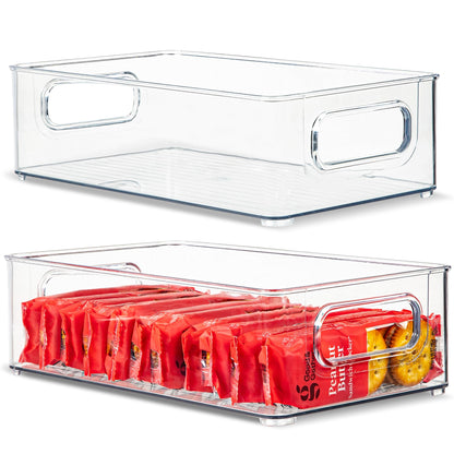 Plastic Food Storage 2 Pack Clear Container Bin with Handles for Organizing Kitchen, Pantry, Fridge, Freezer, Pantry, Bathroom. 14"x6"5"