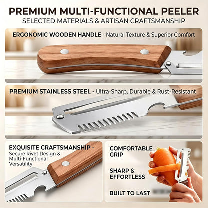 Multi-Functional Vegetable Peeler, 3 in 1 Multi Functional Wooden Handle Peeler and Bottle Opener,Kitchen Gadgets Tool，Grater & Bottle Opener for Potato, Carrot, Apple, Fruit & Vegetable (2pcs)